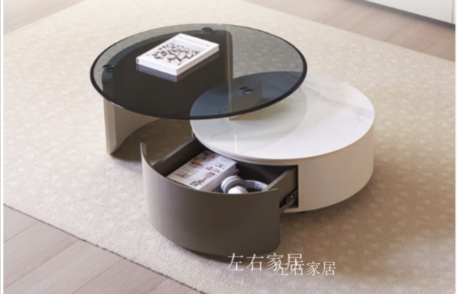 左右家居Home FurnitureProduct《Modern Round Slate Coffee Table with Storage Cabinet》【图0】