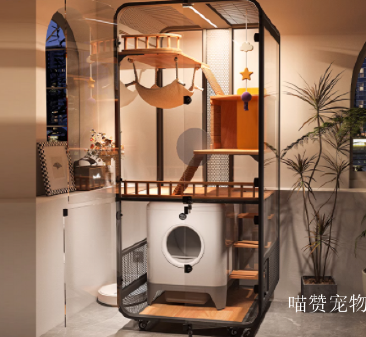 喵赞宠物Pet furniture产品《Panoramic Glass Solid Wood Cat House》