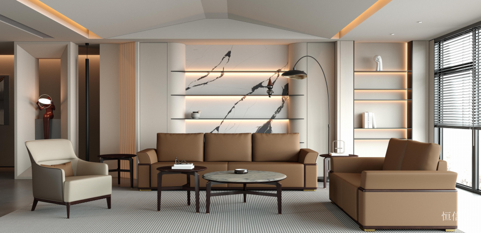 恒信华典 Home Furniture Product 《Modern sofa with brown leather and wood edges》【图0】