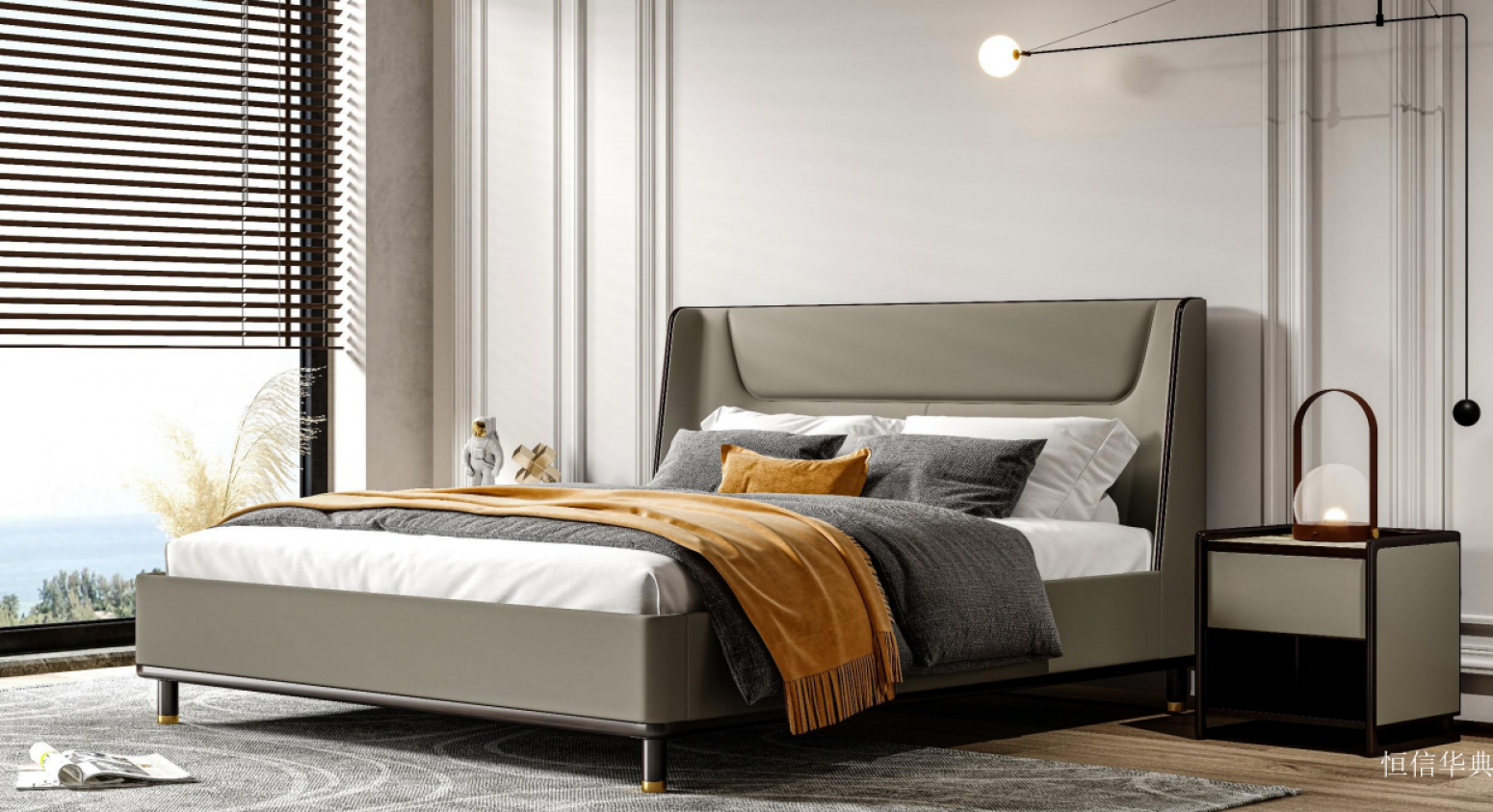 恒信华典 Home Furniture product 《Light grey leather art luxury soft bed》