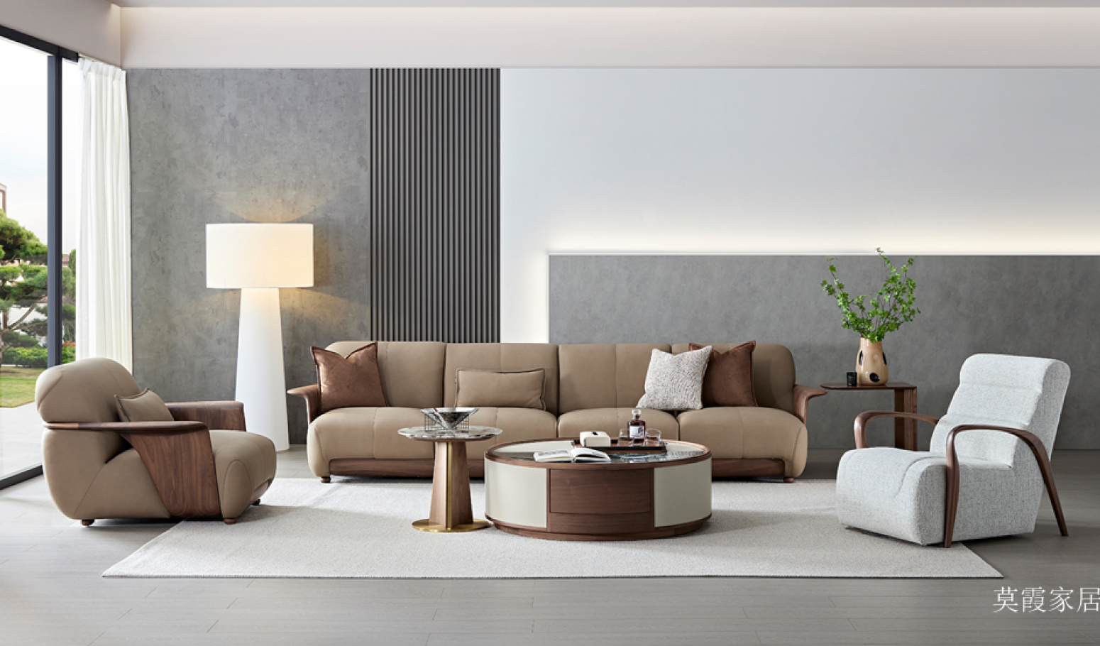 莫霞家居Home FurnitureProduct《Walnut wood edge fabric sofa》【图0】