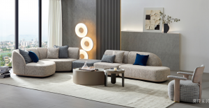 莫霞家居Home FurnitureProduct《Light grey arc-shaped fabric luxury sofa》