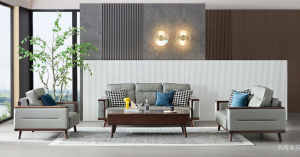 莫霞家居Home FurnitureProduct《A light grey leather sofa with a walnut wood frame》