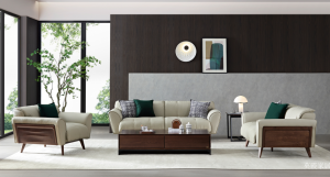 莫霞家居Home FurnitureProduct《Beige leather and walnut wood sofa》