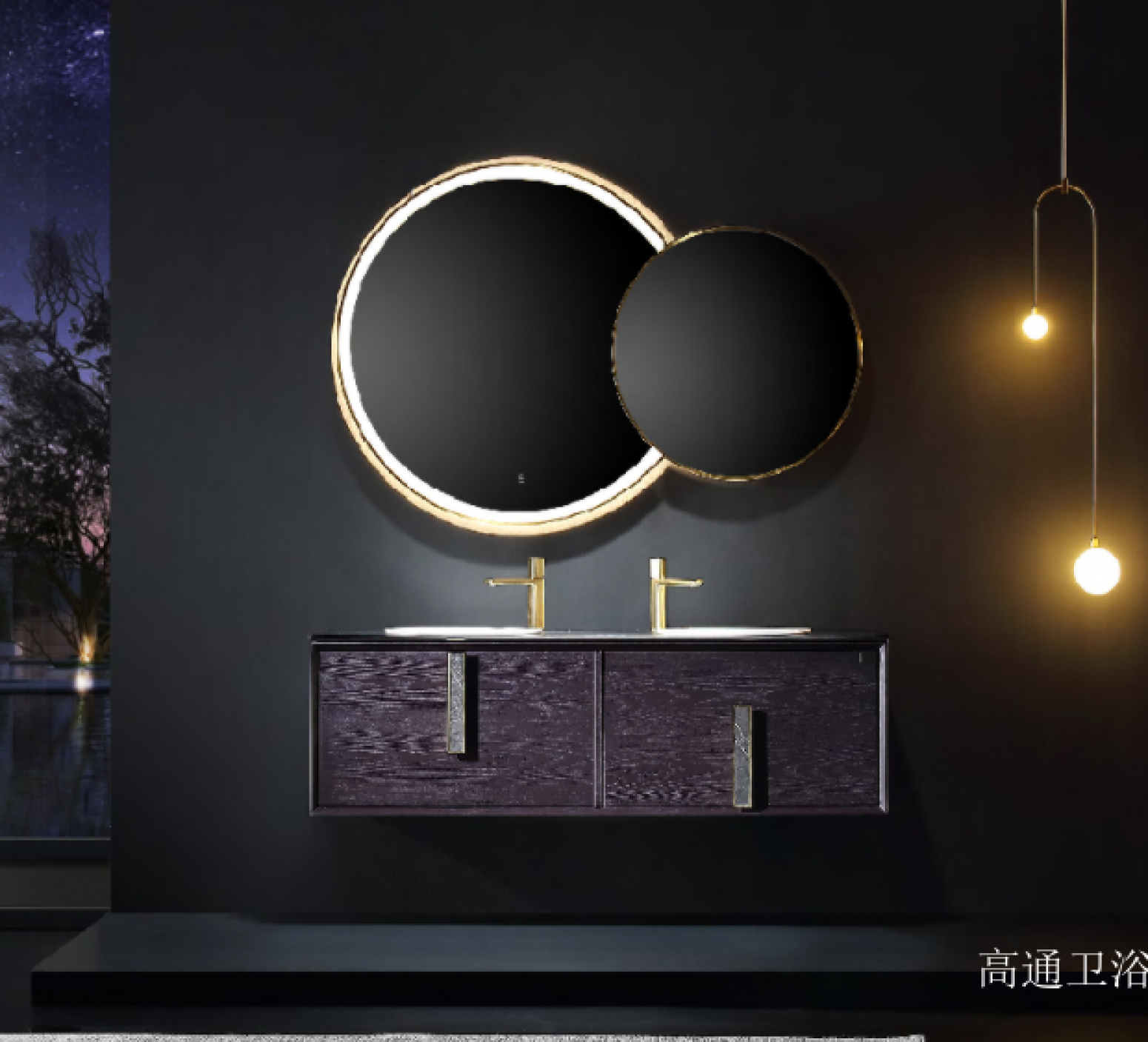 高通卫浴 Bathroom furniture product 《Double round mirror suspended bathroom cabinet》
