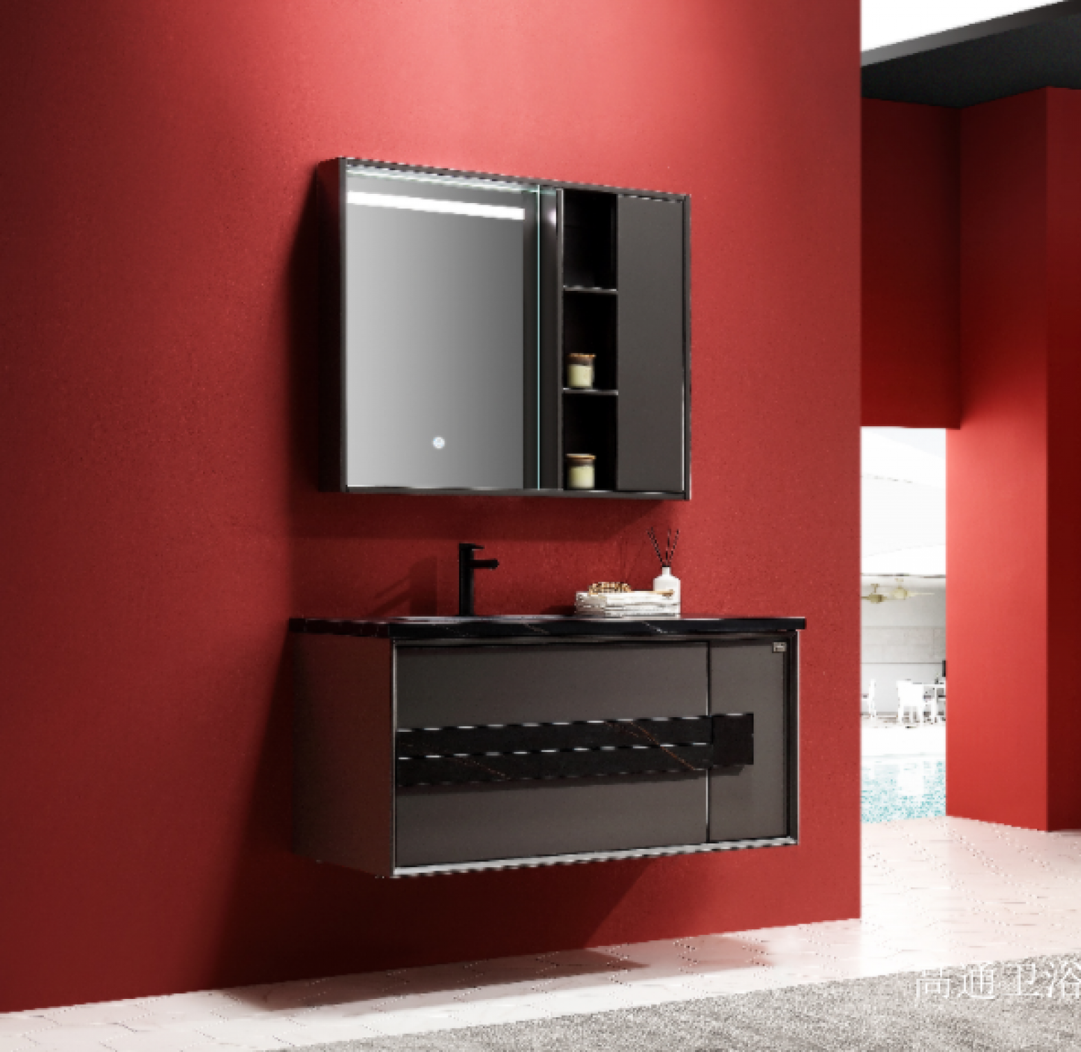 高通卫浴 Bathroom furniture product 《Dark gray mirror cabinet bathroom cabinet》