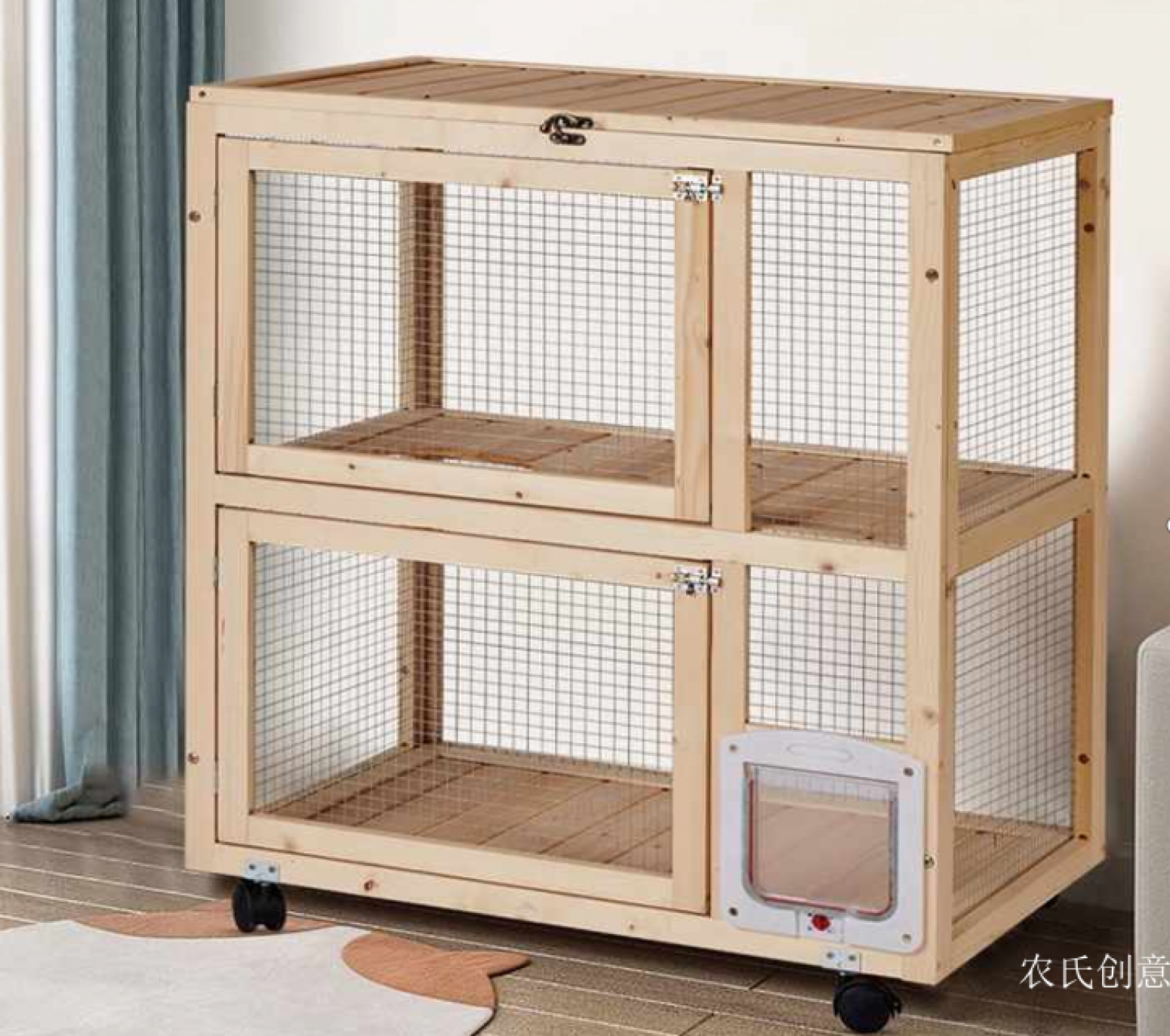 农氏创意 Pet furniture Product 《Light wood double wheeled cat cage》【图0】