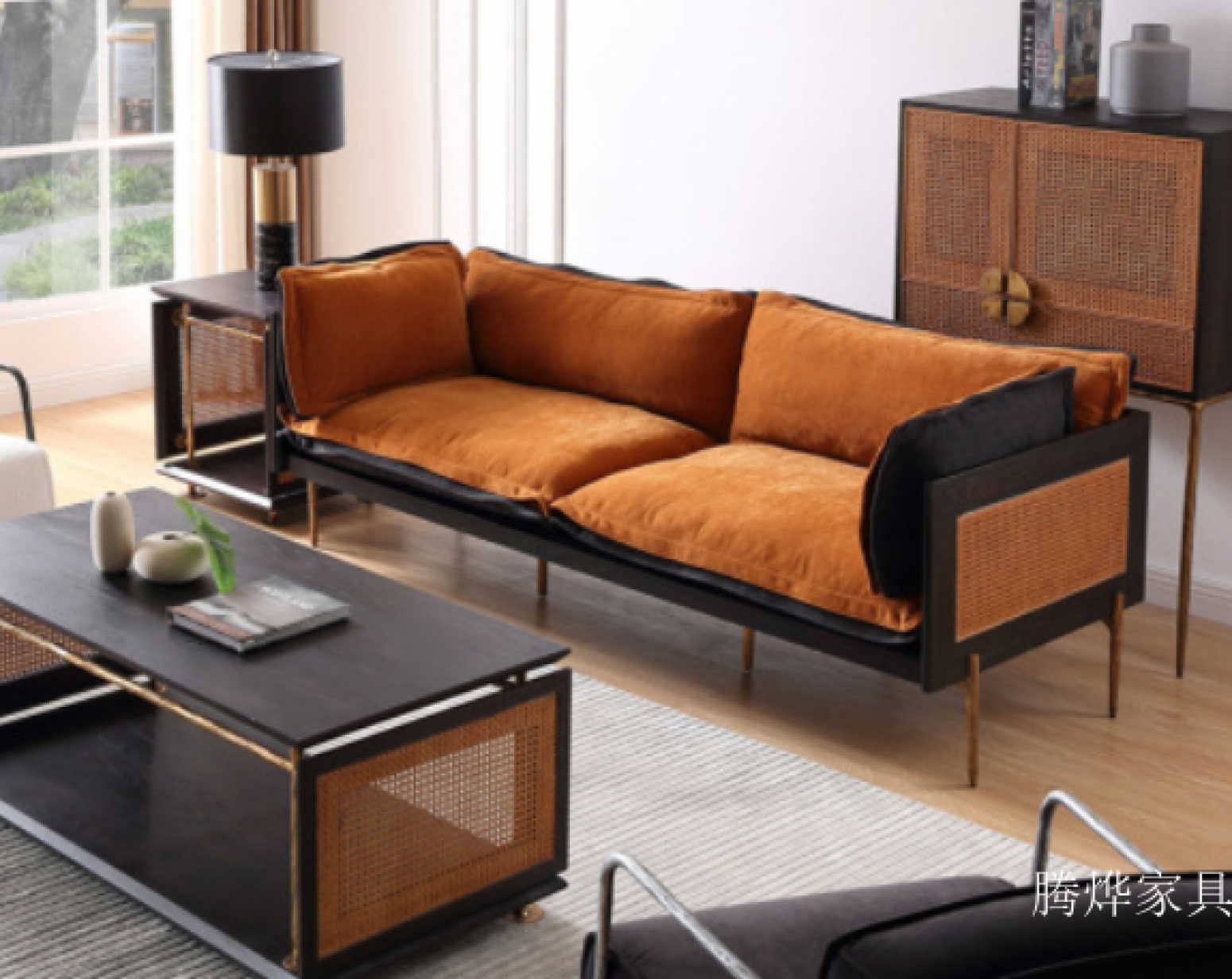 腾烨家具 Home Furniture Product 《Orange velvet rattan vintage light luxury sofa》 腾烨家具 Home Furniture Product 《Orange velvet rattan vintage light luxury sofa》【图2】