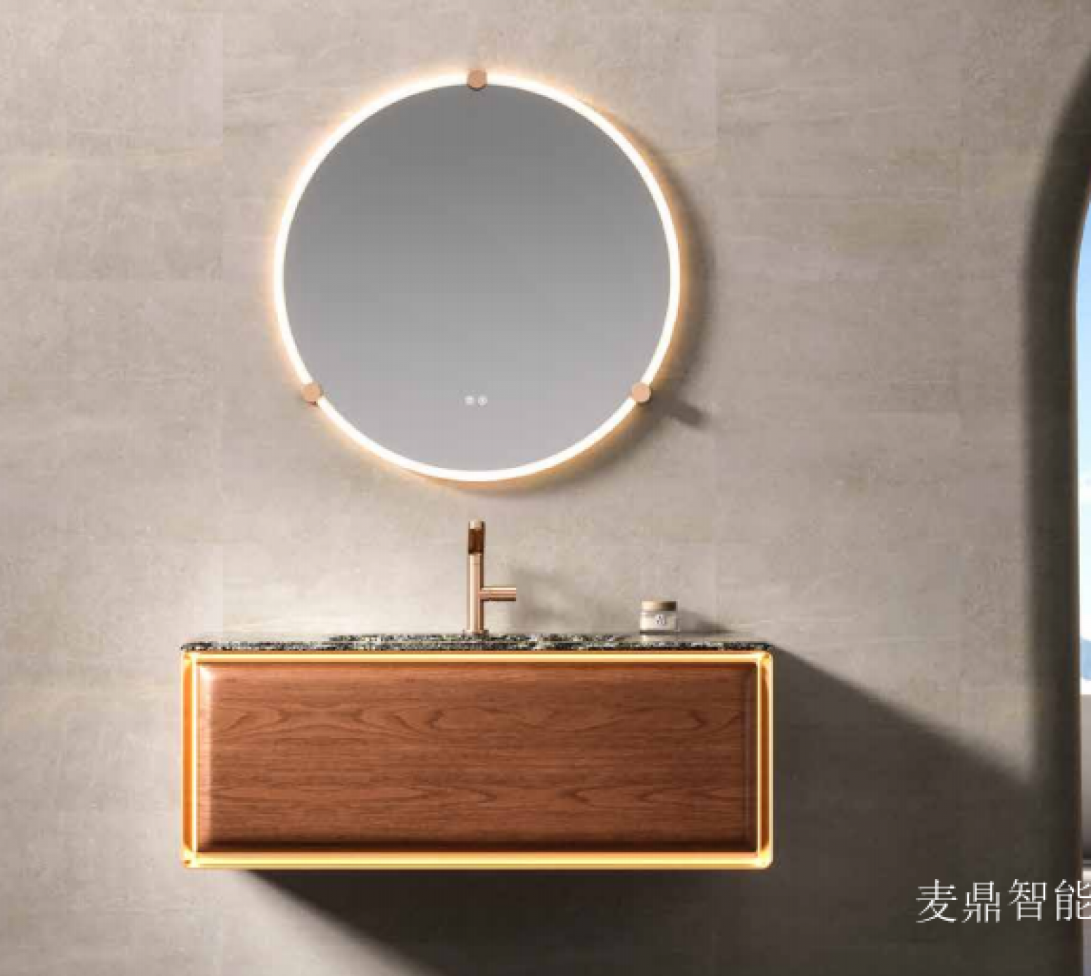 麦鼎智能 Bathroom furniture Product 《Light luxury wooden round mirror bathroom cabinet》【图0】