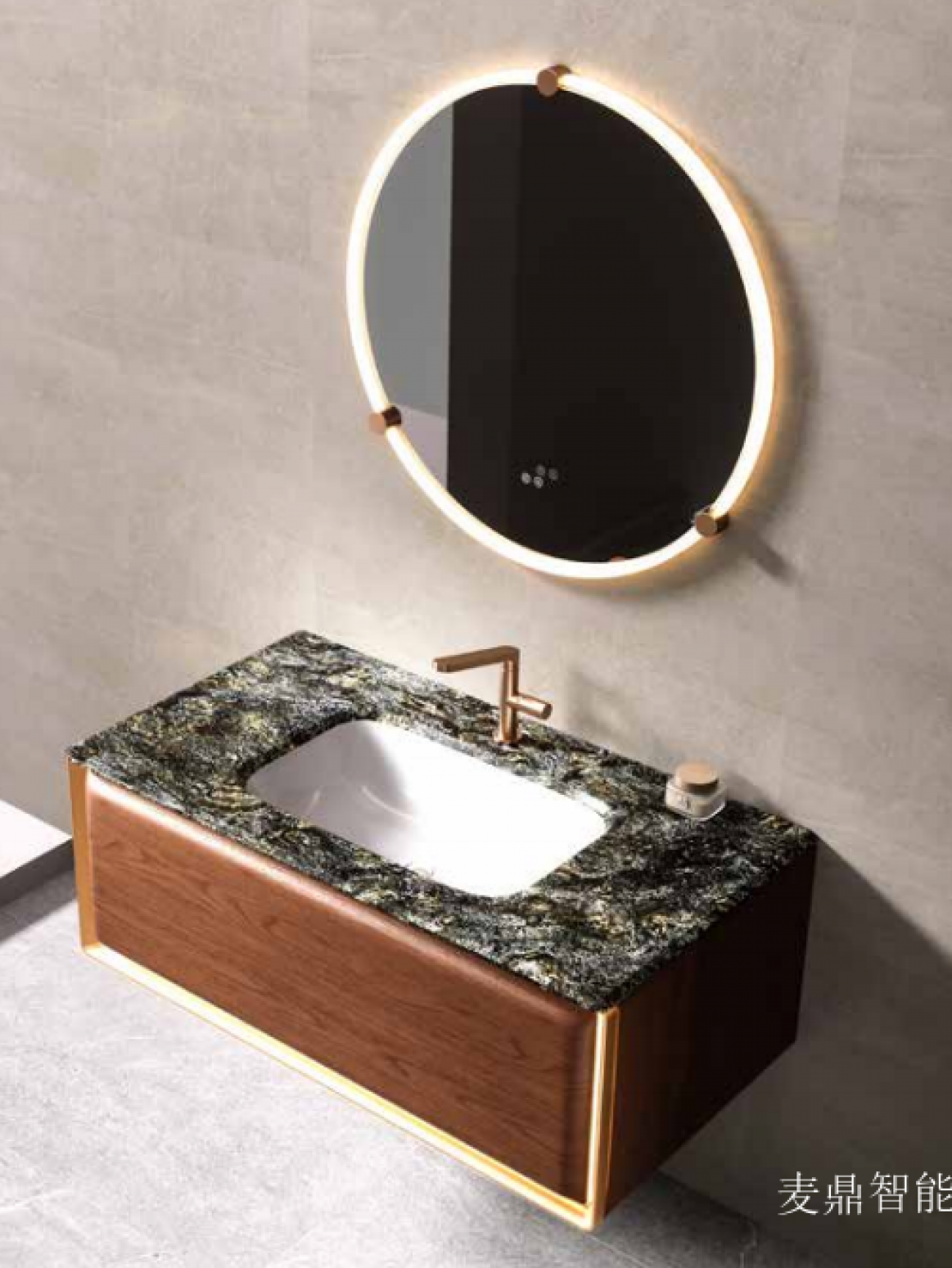 麦鼎智能 Bathroom furniture Product 《Light luxury wooden round mirror bathroom cabinet》【图1】