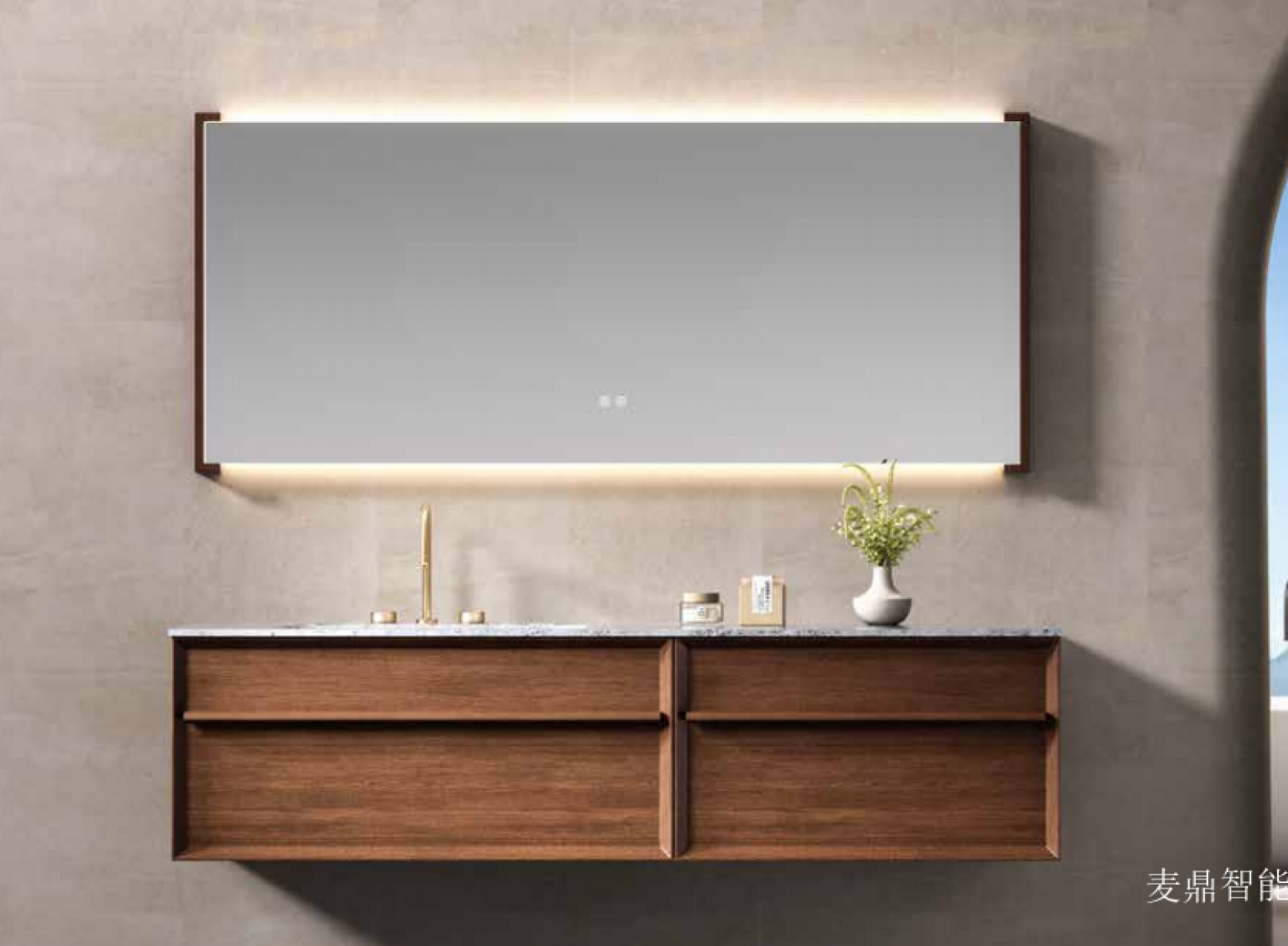 麦鼎智能 Bathroom furniture product 《Light luxury wooden long mirror bathroom cabinet》