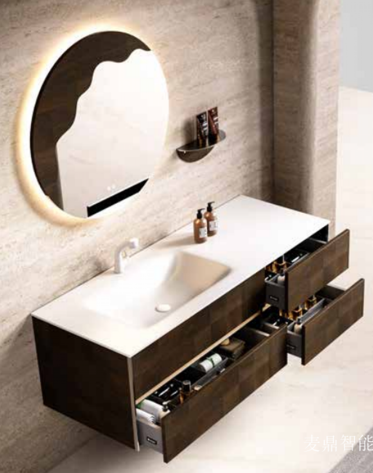 麦鼎智能 Bathroom furniture Product 《Light luxury plaid round mirror bathroom ark》【图1】