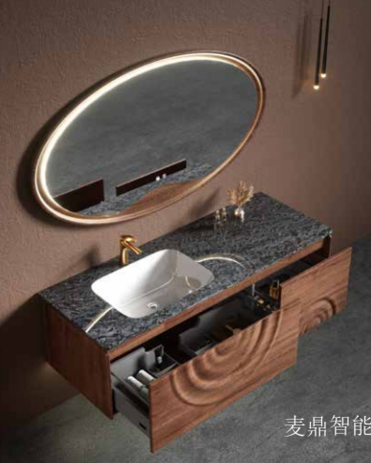 麦鼎智能 Bathroom furniture Product 《Natural texture oval mirror bathroom cabinet》【图0】