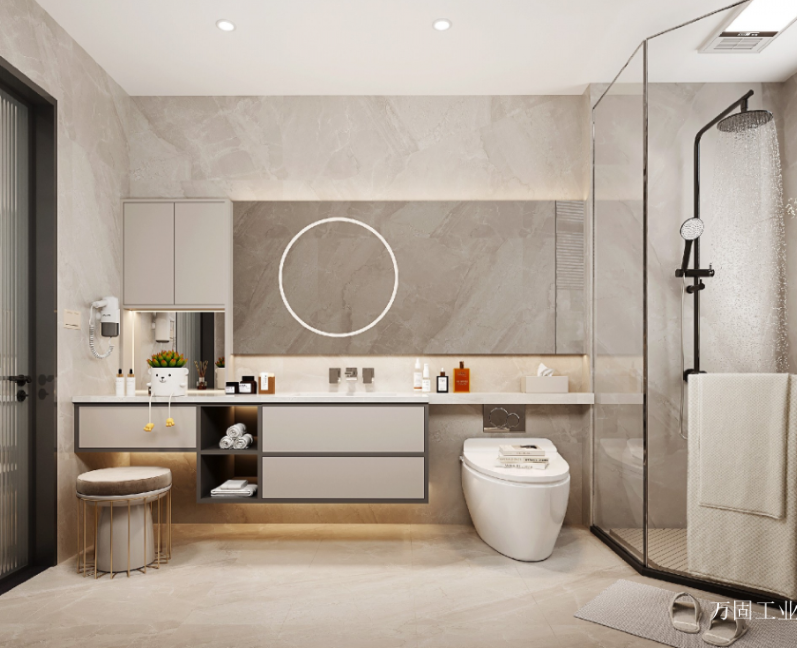 万固工业 Bathroom furniture product 《Light grey m white round mirror lamp bathroom ark》