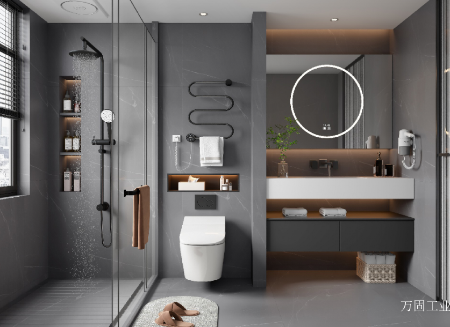 万固工业 Bathroom furniture Product 《Dark grey round mirror lamp bathroom cabinet》【图0】