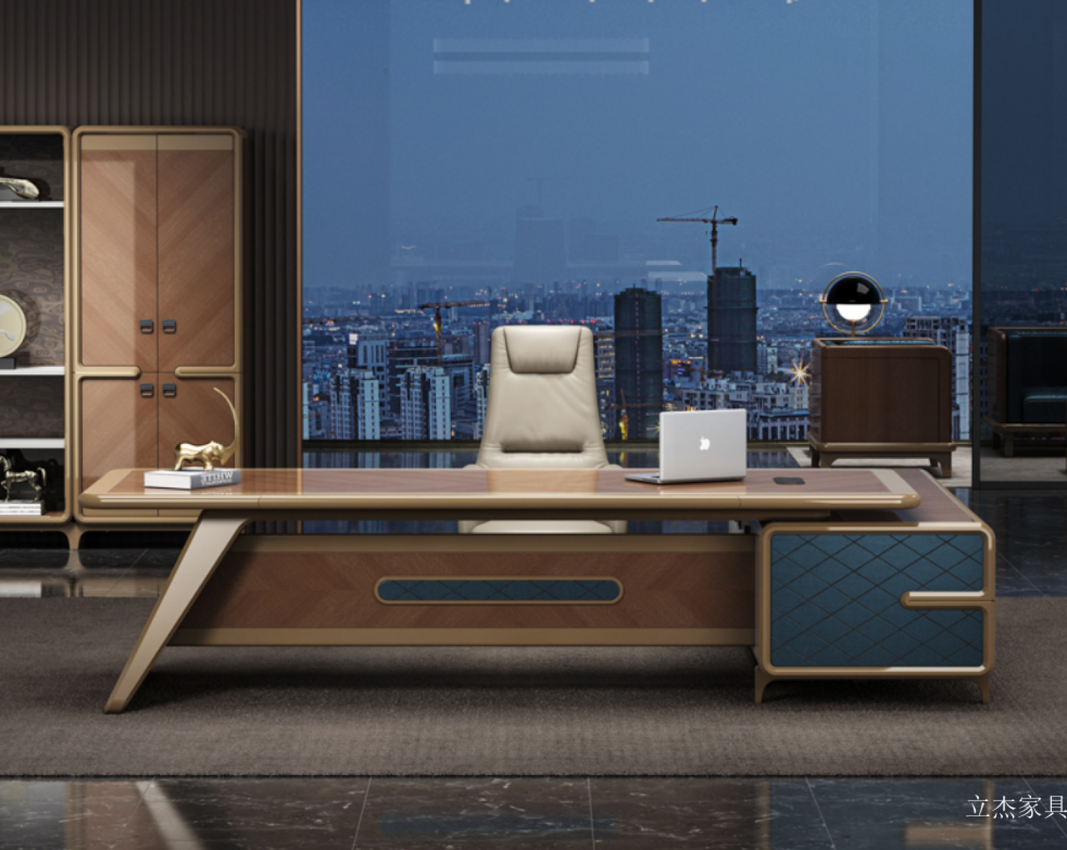 立杰家具 Office furniture product 《Luxurious office desk with wood and gold trim》