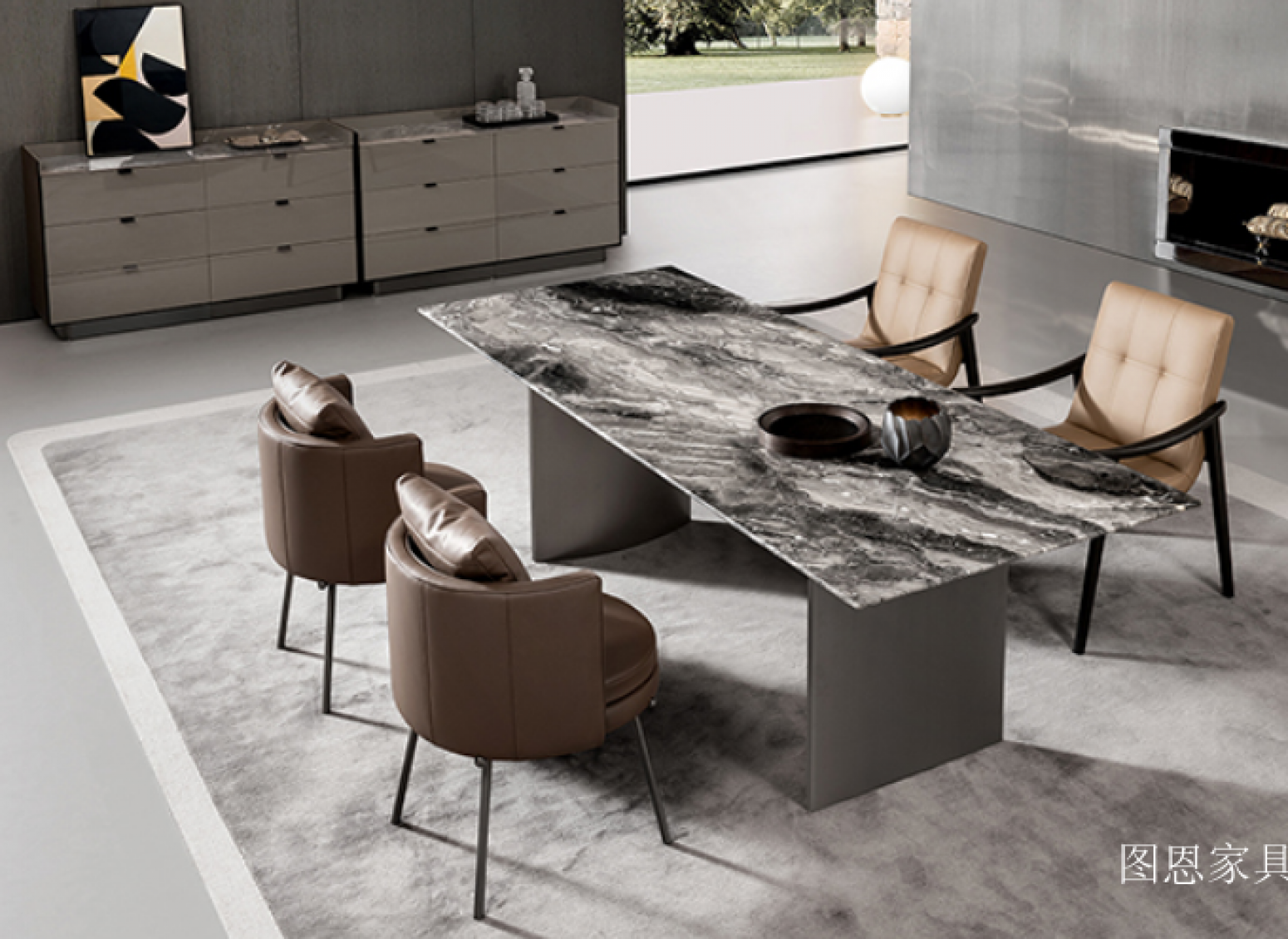 图恩家具 Home Furniture product 《Black textured stone light luxury dining table》