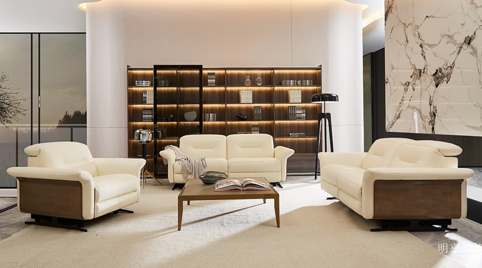 明亨智能 Home Furniture product 《Beige leather solid wood sofa》