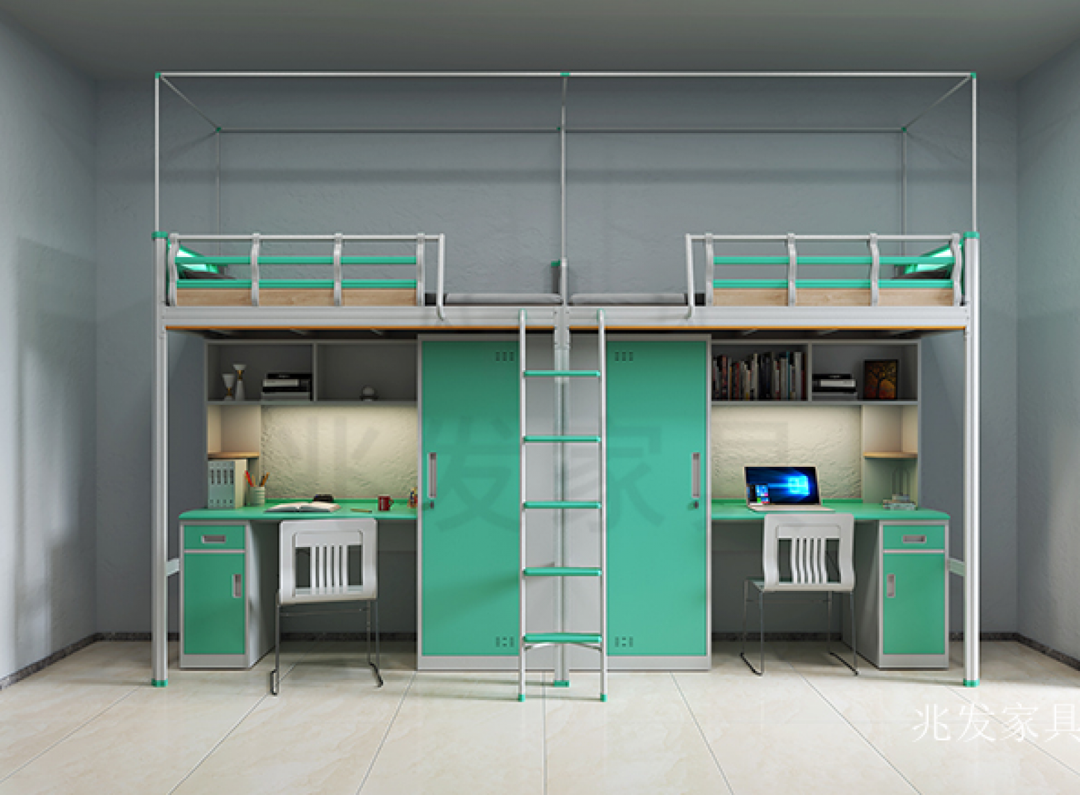 兆发家具 Office furniture product 《Silvery white light green storage apartment bed》