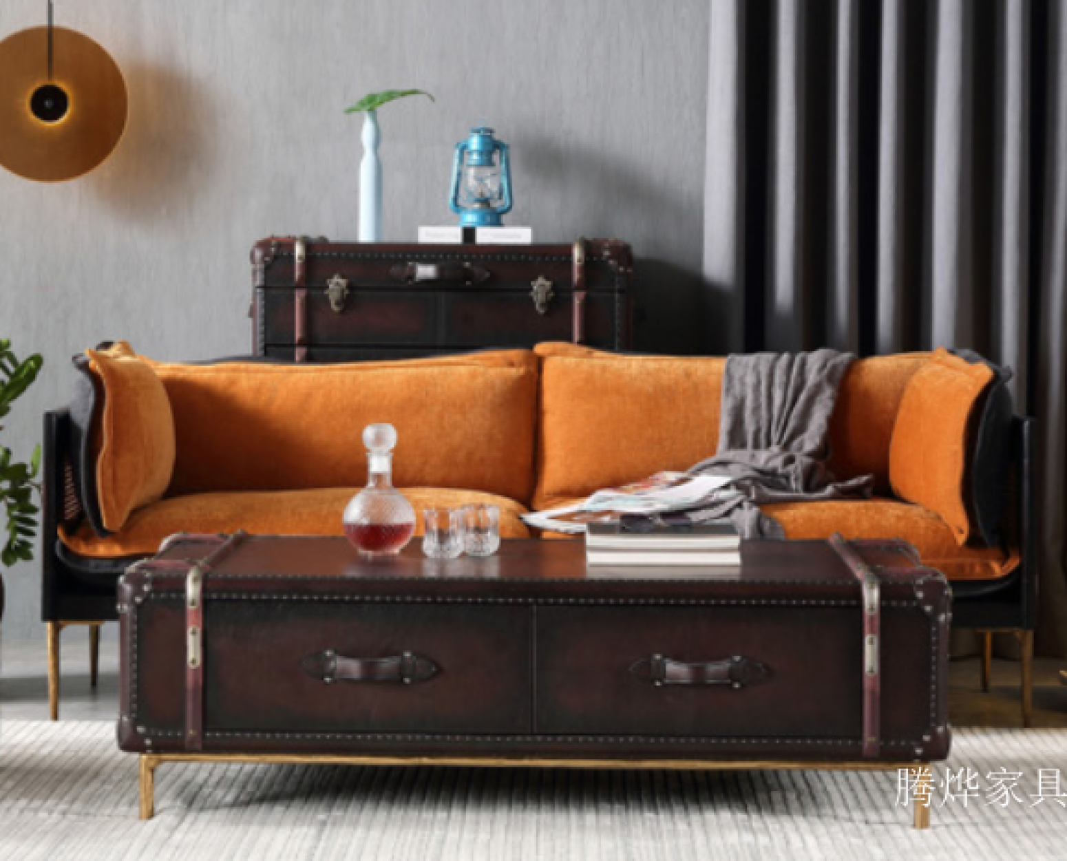 腾烨家具 Home Furniture Product 《Orange velvet rattan vintage light luxury sofa》 腾烨家具 Home Furniture Product 《Orange velvet rattan vintage light luxury sofa》【图1】