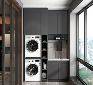 Product picture：Furniture factory 斯汀乐斯 Bathroom furniture product name 《Dark ash stack wash dryer balcony cabinet》议价